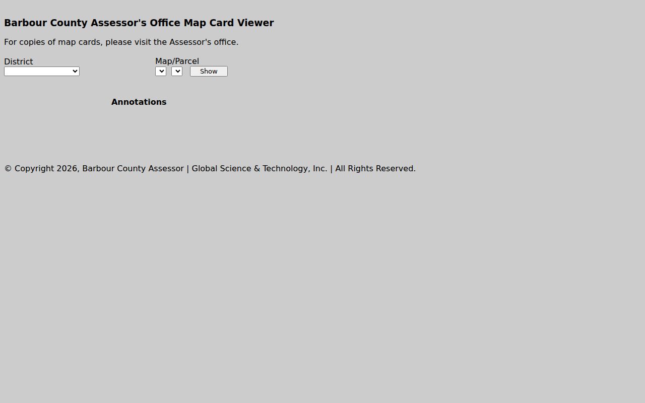 Barbour County property records map-card viewer with district and parcel controls